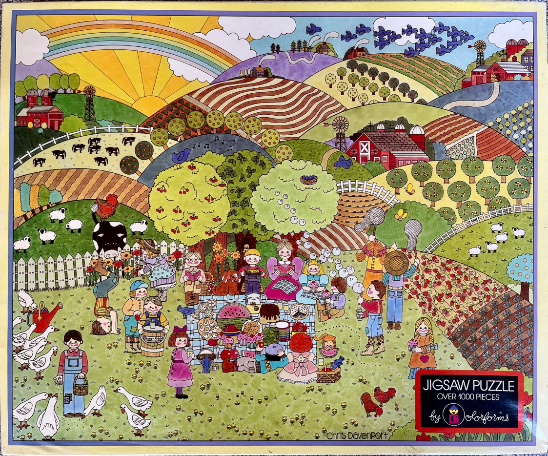 A whimsical folk-art style illustration of a large group of children having a picnic on a farm under a rainbow.