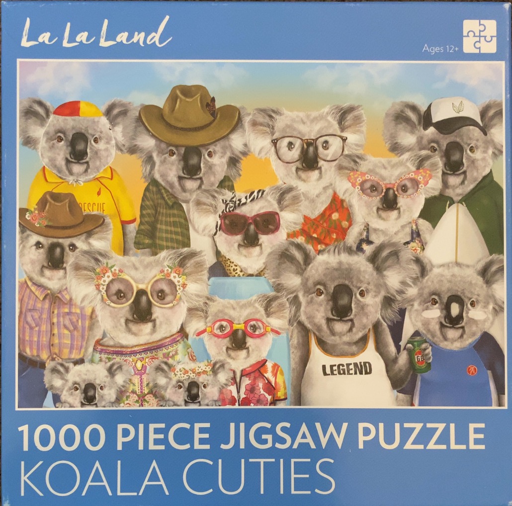 A whimsical illustration of a large group of koalas wearing various hats and accessories against a sunrise backdrop.