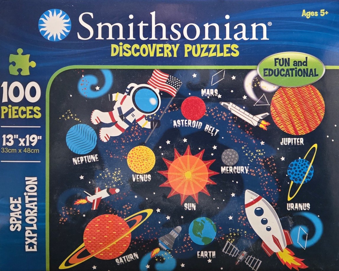 A whimsical, illustrated map of the solar system featuring planets, a space shuttle, and an astronaut in deep space.