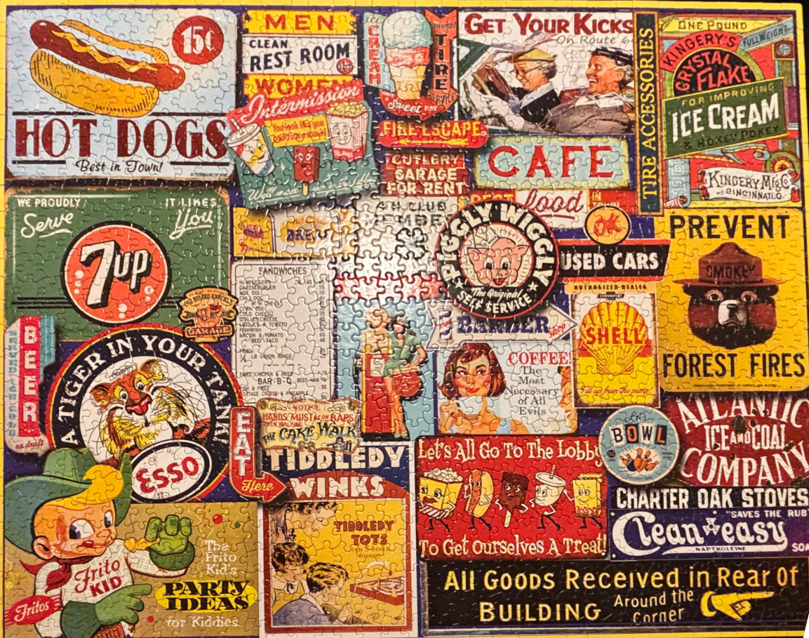 A collage of vintage Americana advertisements and signs featuring retro food, products, and characters.