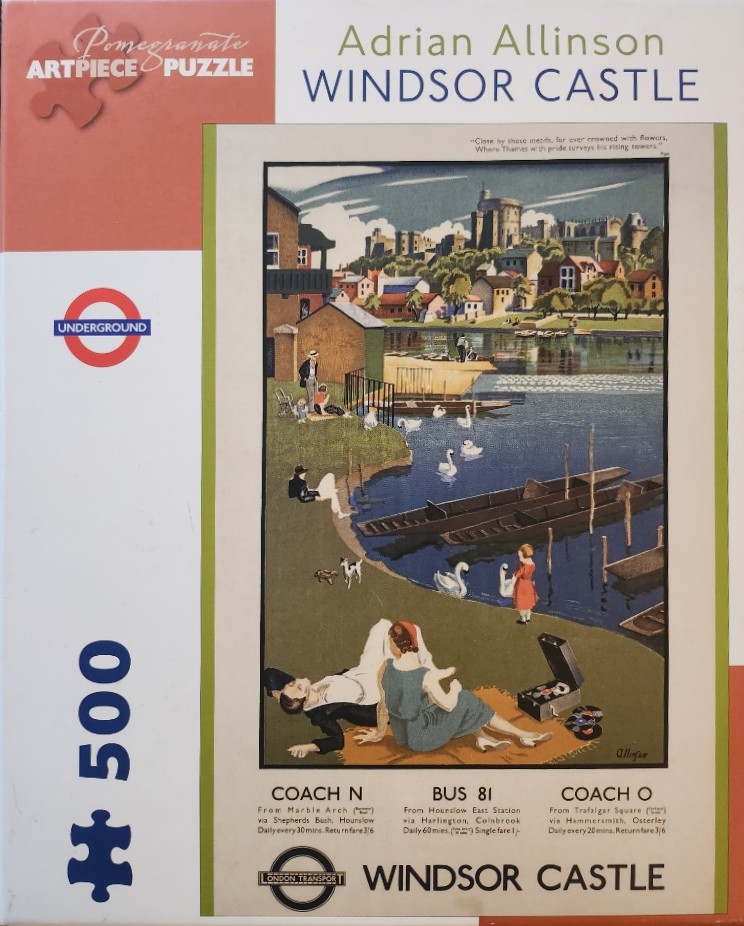 Vintage travel poster illustration of Windsor Castle featuring a river scene with swans and people picnicking.