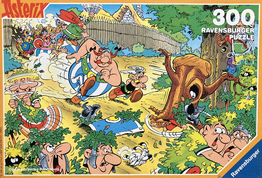 Illustration of Asterix, Obelix, and Dogmatix running through a forest clearing with confused Roman soldiers.