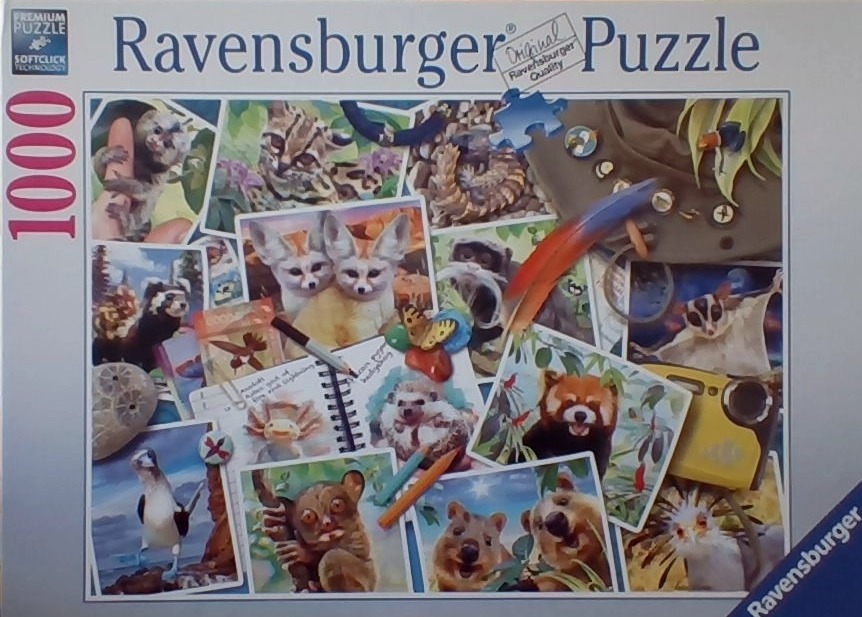 A collage of various exotic animals, including a fennec fox, red panda, and tarsier, arranged like scattered photographs.