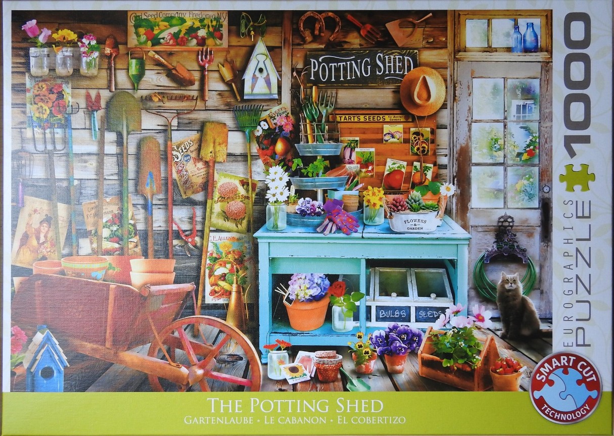 A cozy, rustic potting shed interior filled with gardening tools, colorful flowers, seeds, and a fluffy cat.