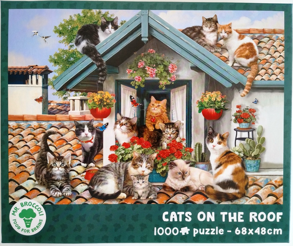 A whimsical illustration of numerous cats lounging on and around a tile roof with flower boxes.