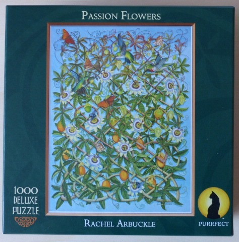 Illustration of passion flowers on a trellis with hummingbirds and butterflies against a light blue background.