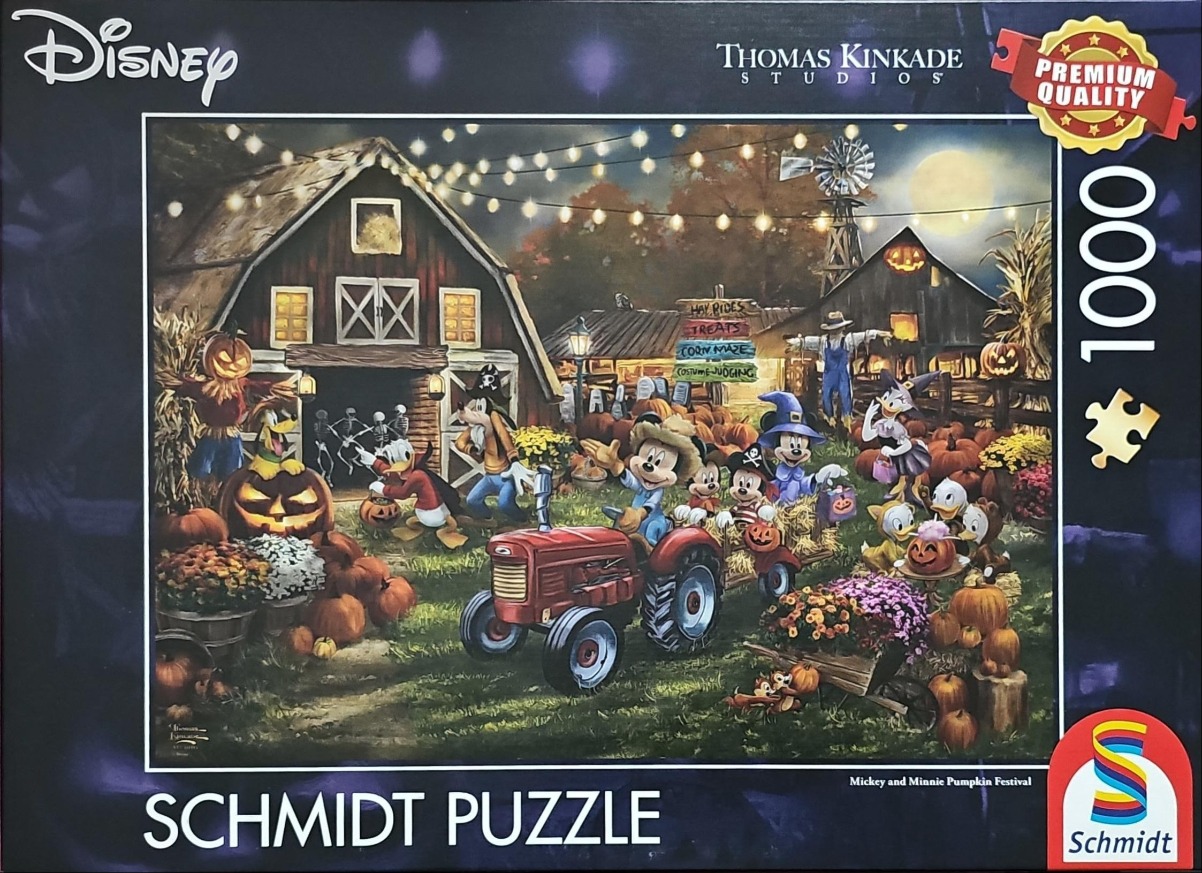 Cartoon characters at a nighttime autumn pumpkin festival at a farm with a red tractor and barn.