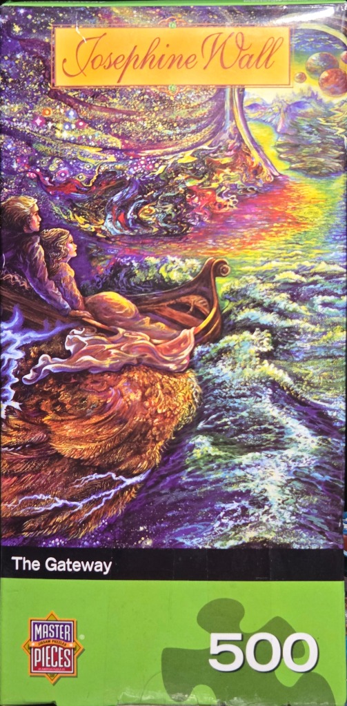 A fantasy illustration of two figures in a winged boat sailing into a vibrant, celestial portal.