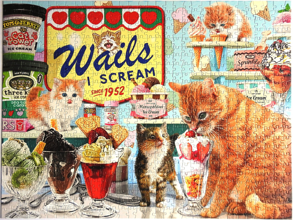 A whimsical illustration of various cats interacting with ice cream sundaes and cartons in an old-fashioned ice cream parlor.