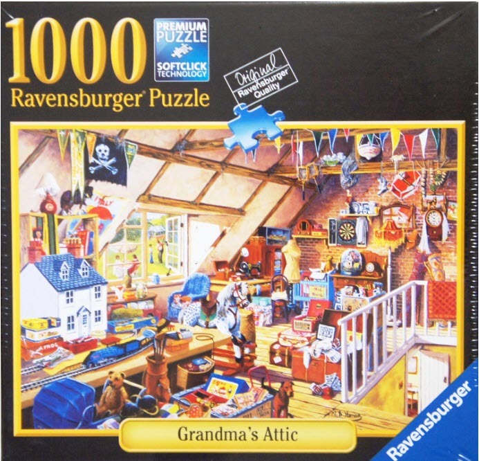 An illustration of a cluttered, nostalgic attic filled with toys, old furniture, and a view into a sunny garden.