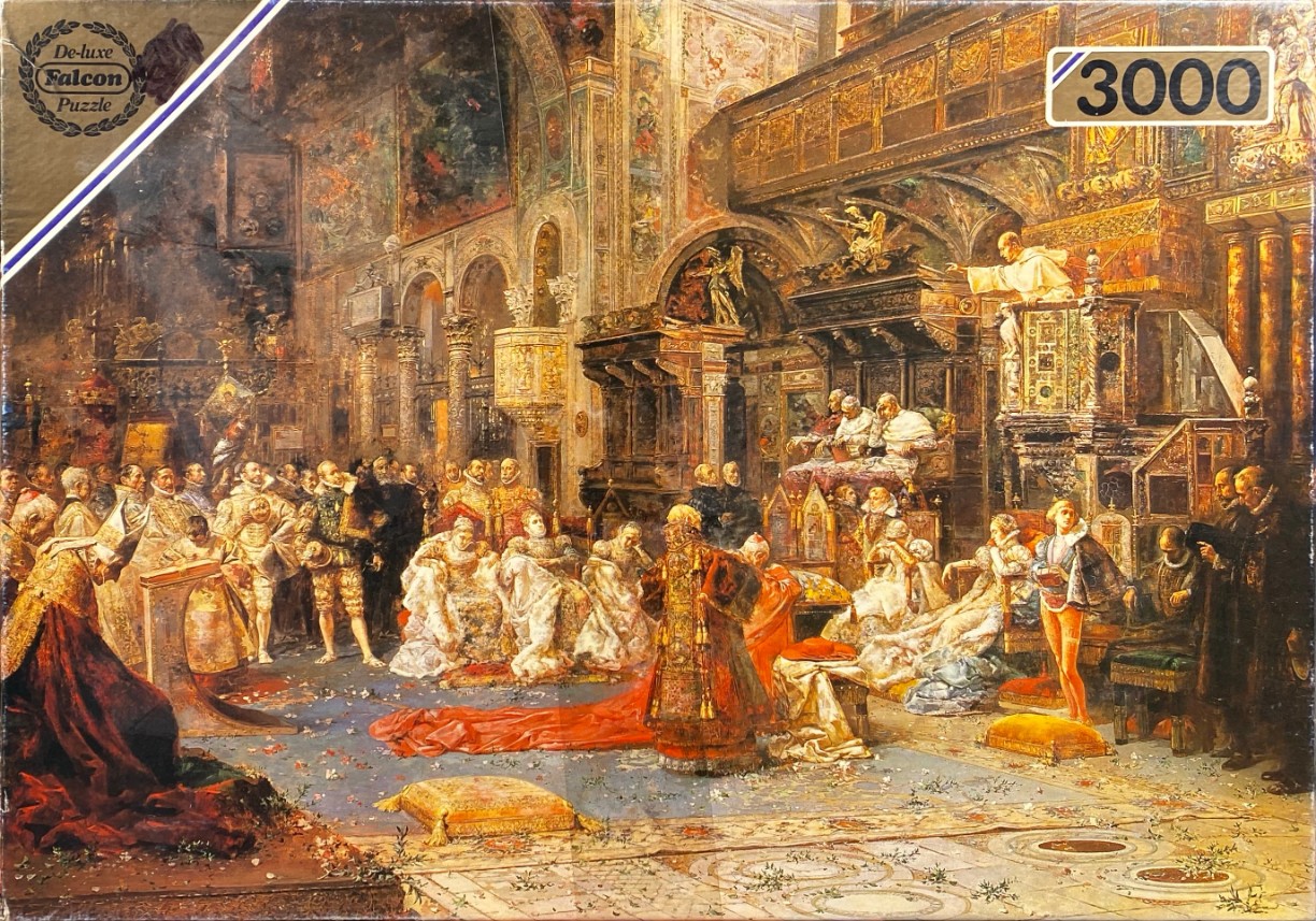 An oil painting depicting a grand, ornate church interior filled with figures in historical period clothing.