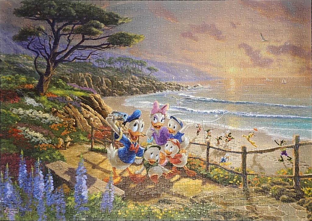 Donald Duck and family taking a group photo on a scenic coastal bluff at sunset.