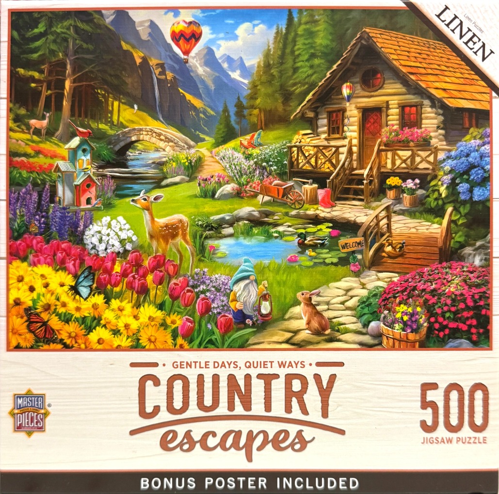 A vibrant landscape painting featuring a rustic cabin, a garden with deer, a pond, and snow-capped mountains.