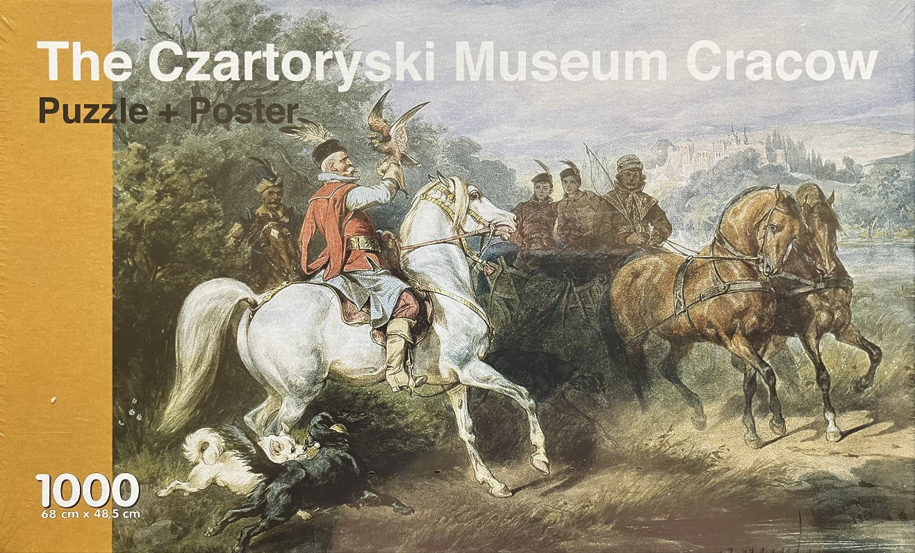 A 19th-century oil painting of a nobleman on a white horse holding a falcon, surrounded by other riders and hounds.