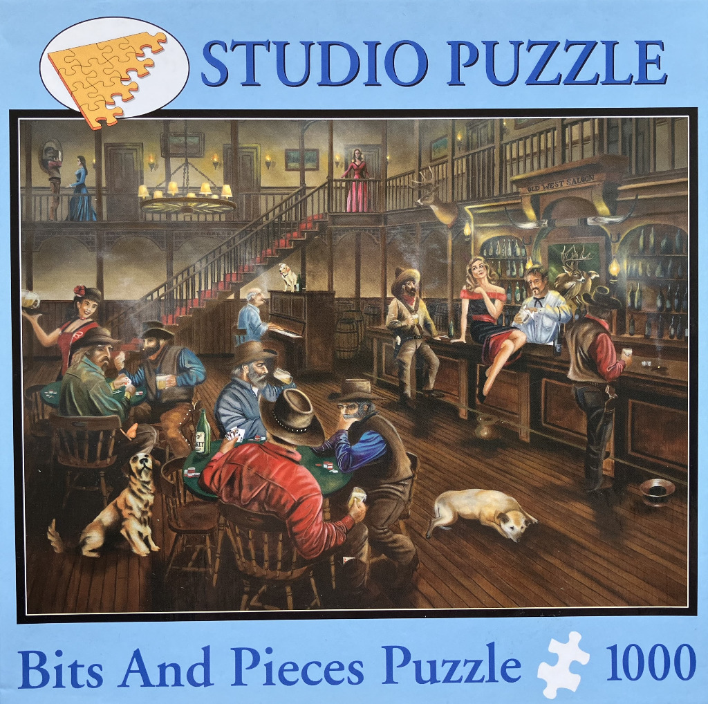 An oil painting of a busy Old West saloon with card players, bar patrons, and dogs on a wooden floor.