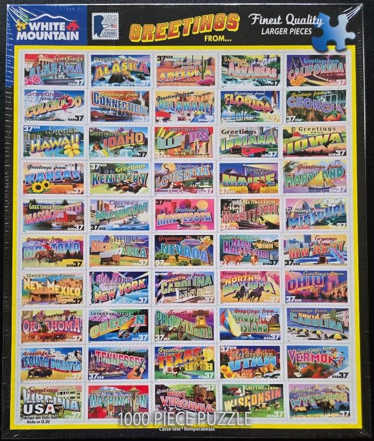 A collage of 50 vintage-style postage stamps, each featuring a unique American state and iconic landmarks.
