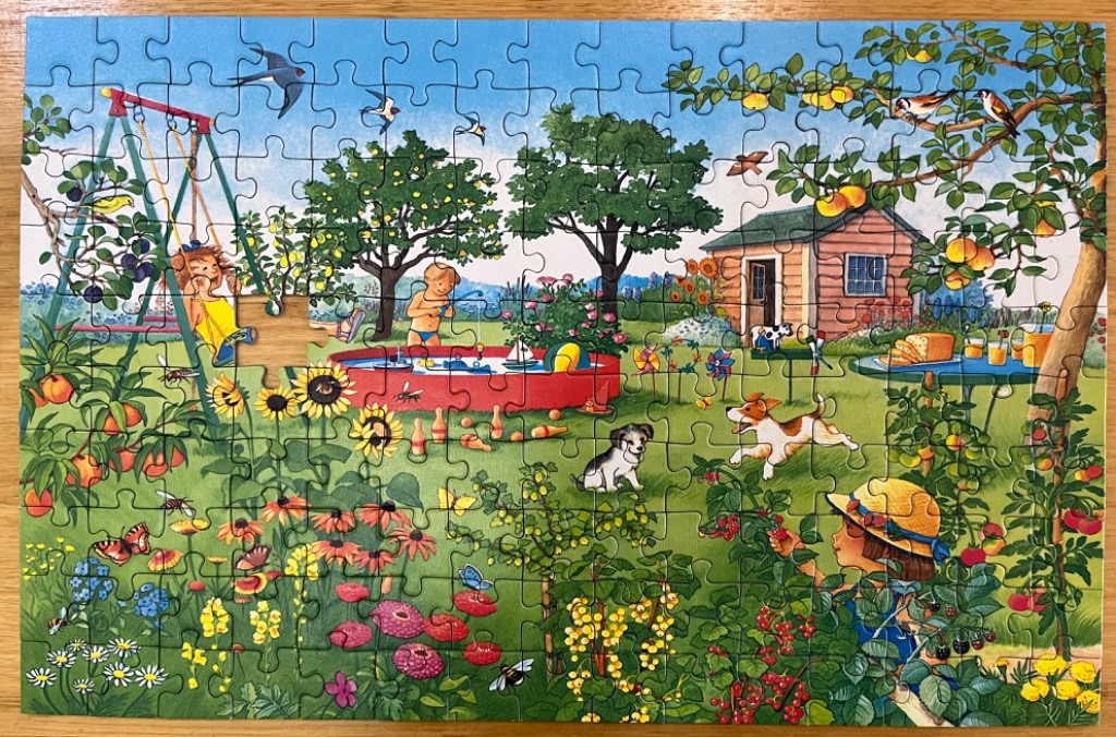 Illustration of a sunny garden scene with children playing, a dog, trees, a shed, and vibrant flowers.
