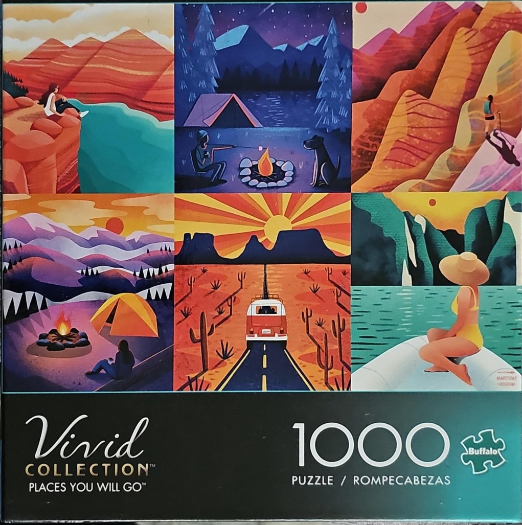 A collage of six stylized landscape illustrations depicting various outdoor travel and camping scenes.