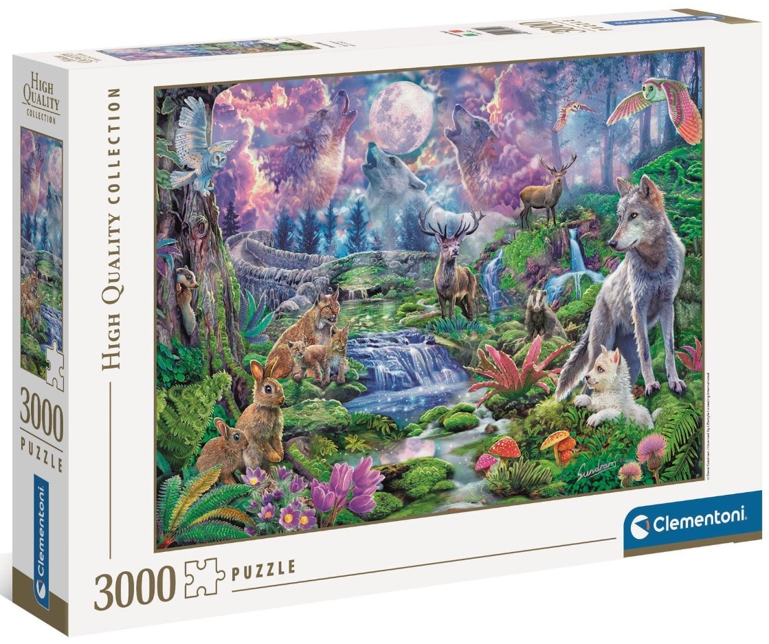 Enchanted forest scene with wolves, deer, owls, and rabbits under a full moon in a fantasy art style.