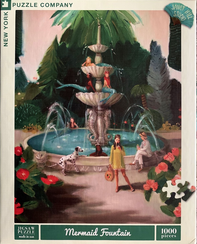 An oil-style painting of mermaids in a tiered garden fountain with a woman in a yellow dress and a dalmatian.