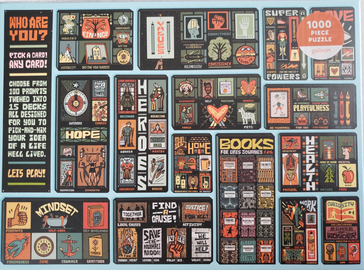 An illustrated graphic poster featuring grid-like panels of themes, concepts, and values in a warm, muted color palette.