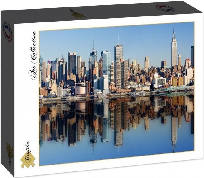 Panoramic photograph of the Manhattan skyline mirrored in the calm waters of the East River.
