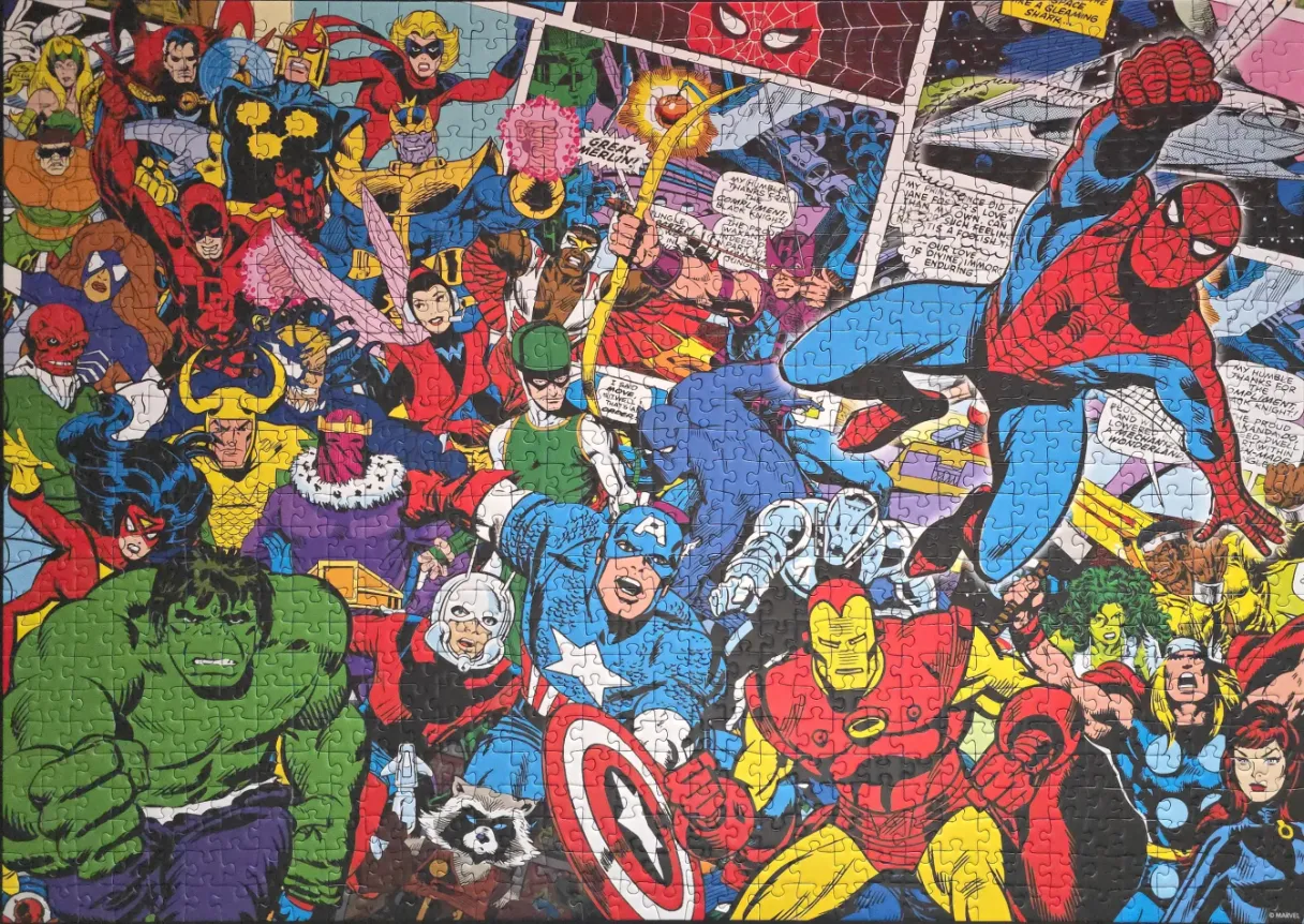 A collage of classic Marvel comic book superheroes and villains in action poses.