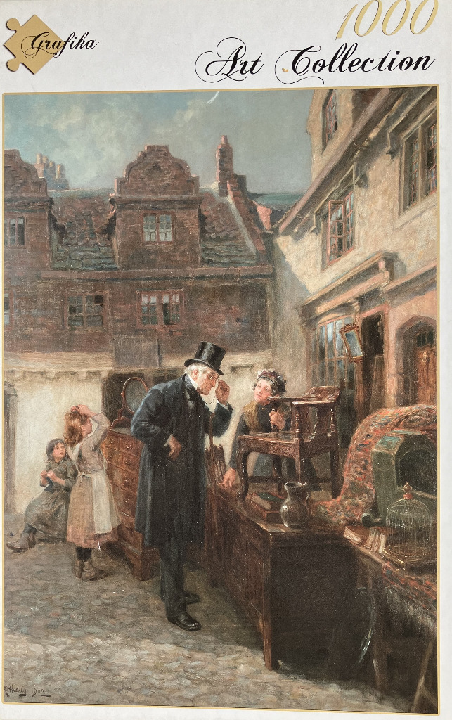An oil painting of an elderly gentleman in a top hat examining an antique chair at an outdoor market stall.