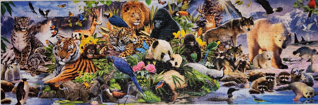 A panoramic illustration featuring a wide variety of wildlife from different ecosystems gathered in a lush landscape.