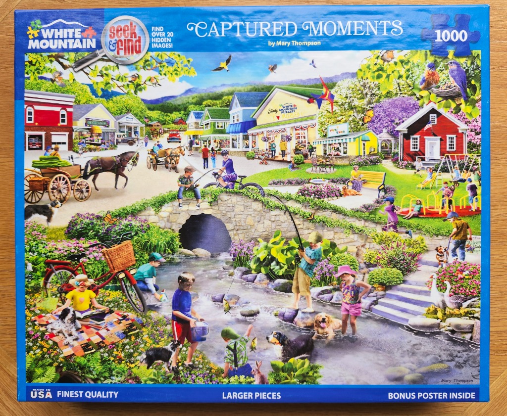 A whimsical illustration of a bustling small town park with children playing by a stream and a stone bridge.