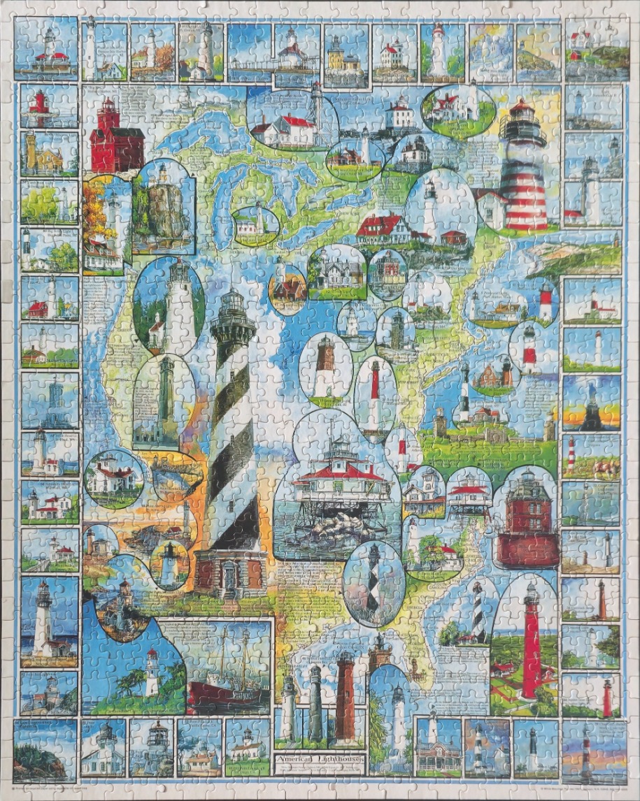 A collage map of the United States featuring numerous illustrations of iconic American lighthouses.