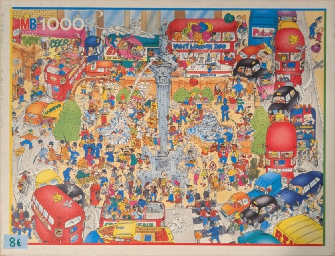 A bustling, cartoon-style illustration of Trafalgar Square in London filled with people, red buses, and vehicles.