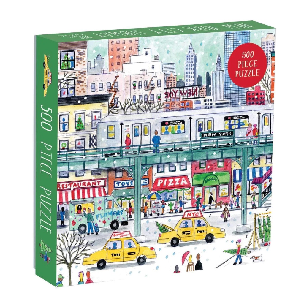 A whimsical watercolor illustration of a snowy New York City street with an elevated subway train.