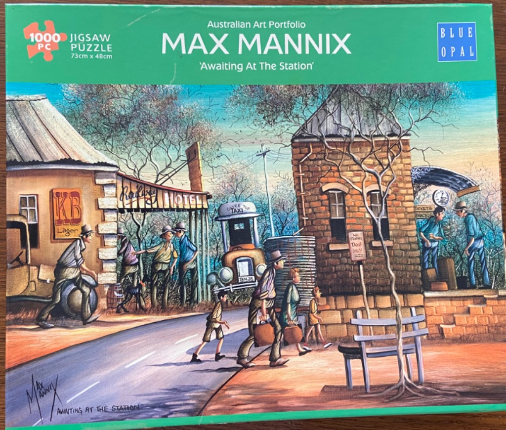 Painting of a rural Australian train station scene with figures and an old taxi by Max Mannix