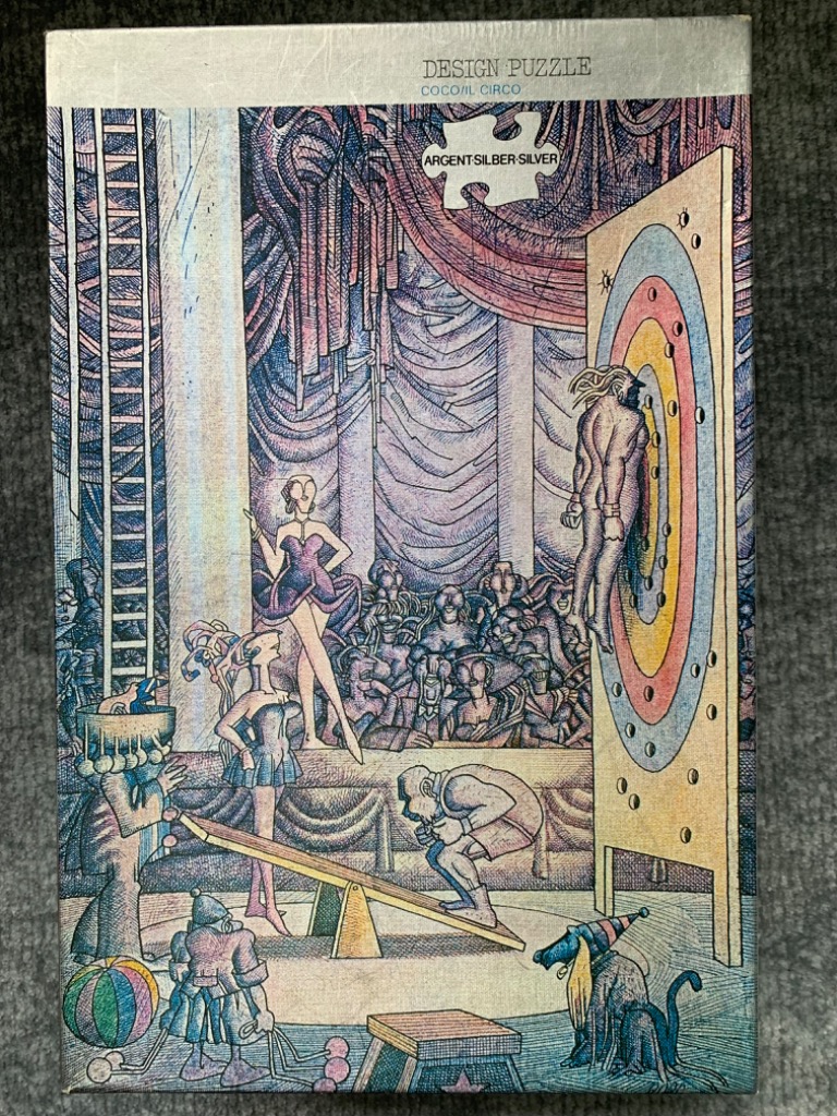 Surreal illustration of a circus scene with performers, an audience, and a target board.
