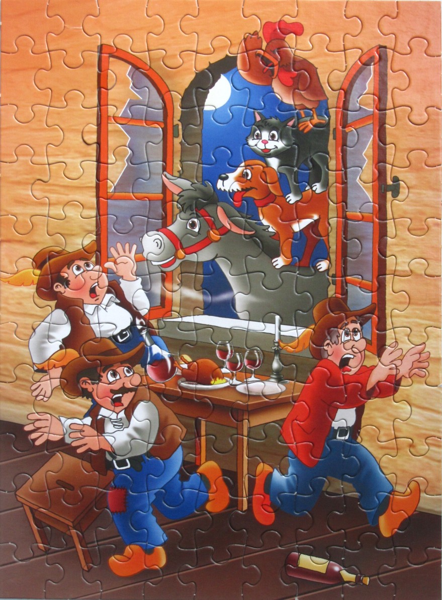 Cartoon illustration of three startled men reacting to the Town Musicians of Bremen peering through a window at night.