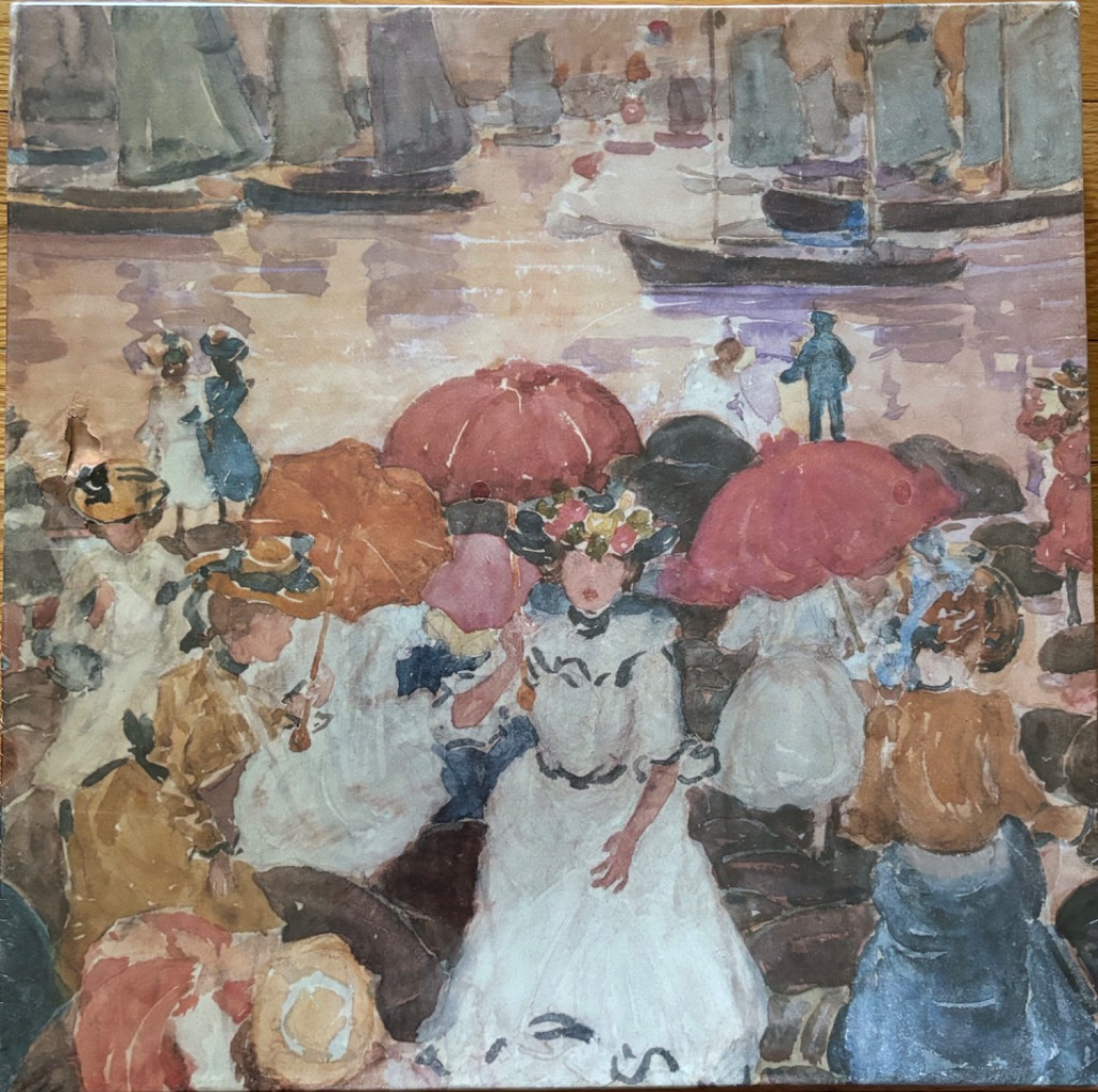 Impressionistic painting of a crowd of women in period clothing with parasols at a harbor with sailboats.