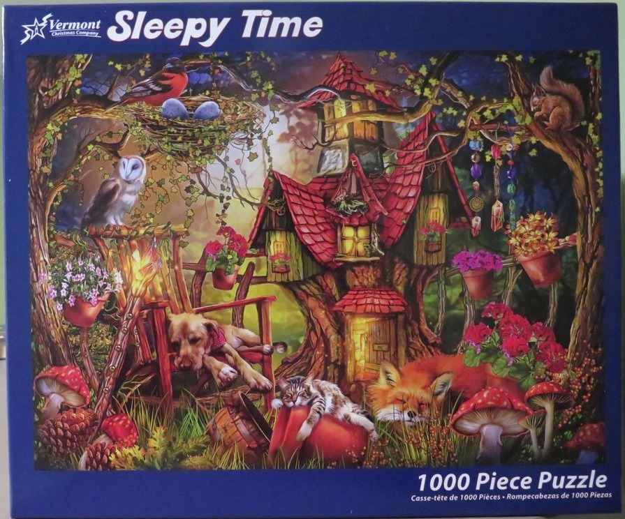 A whimsical woodland scene with a cozy treehouse inhabited by a sleeping dog, cat, and fox surrounded by birds and flora.