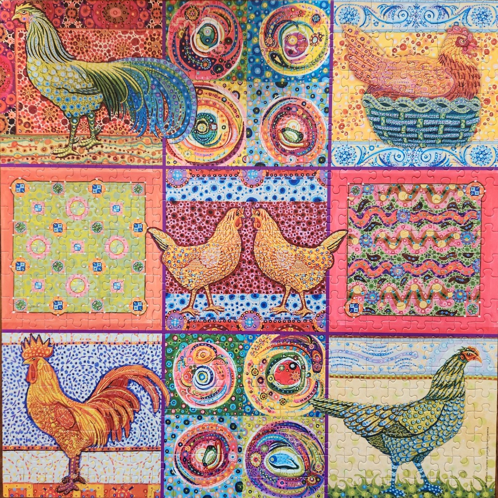 A grid of nine colorful square panels featuring patterned chickens and decorative circular motifs.