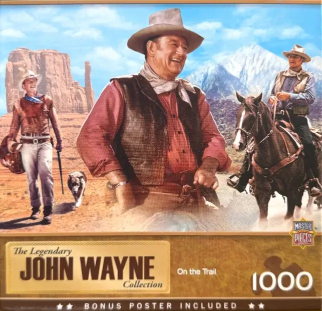 A montage of John Wayne in western attire featuring a close-up portrait, a walking figure, and a man on horseback.