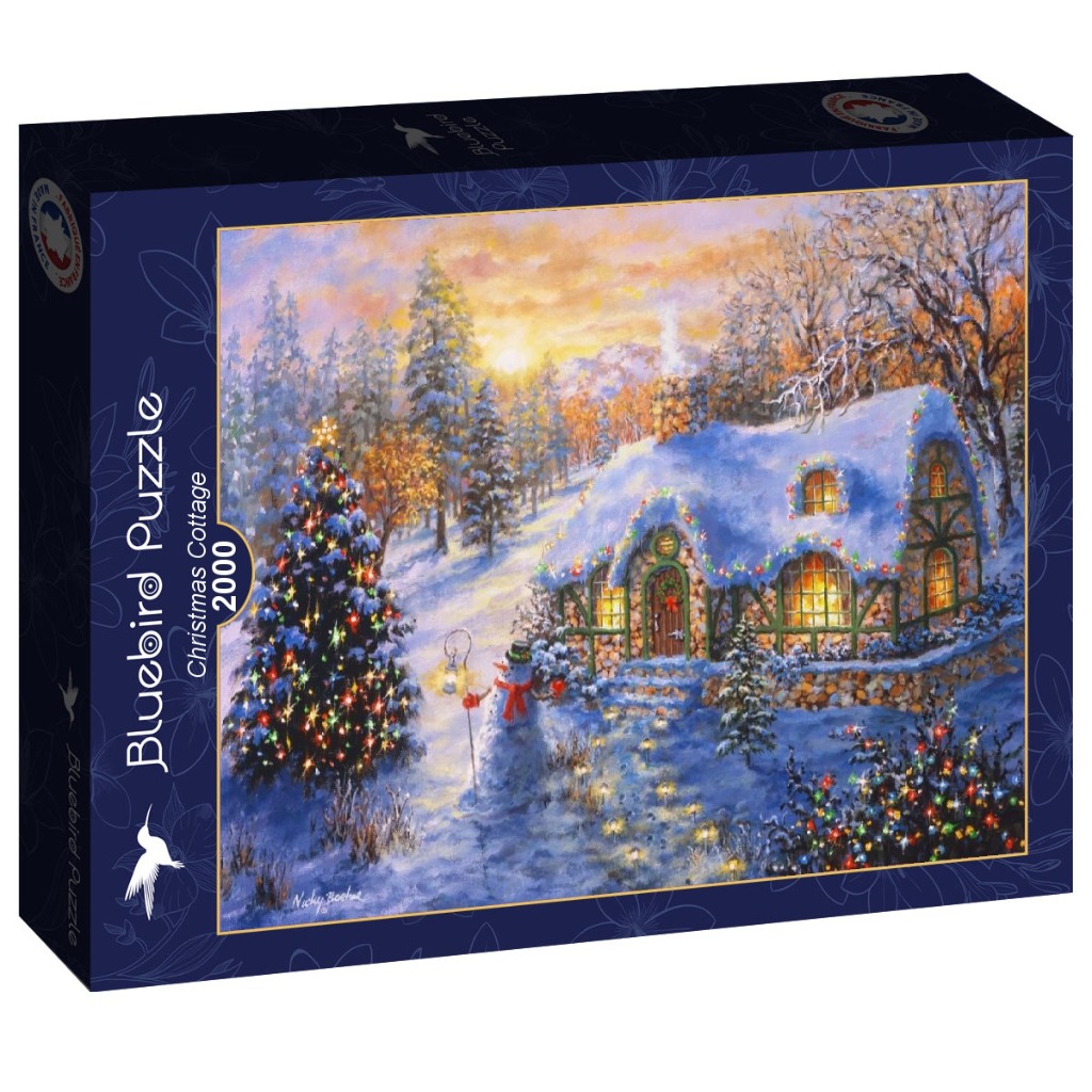 A cozy stone cottage in a snowy landscape with a snowman, a decorated Christmas tree, and a sunset in the background.