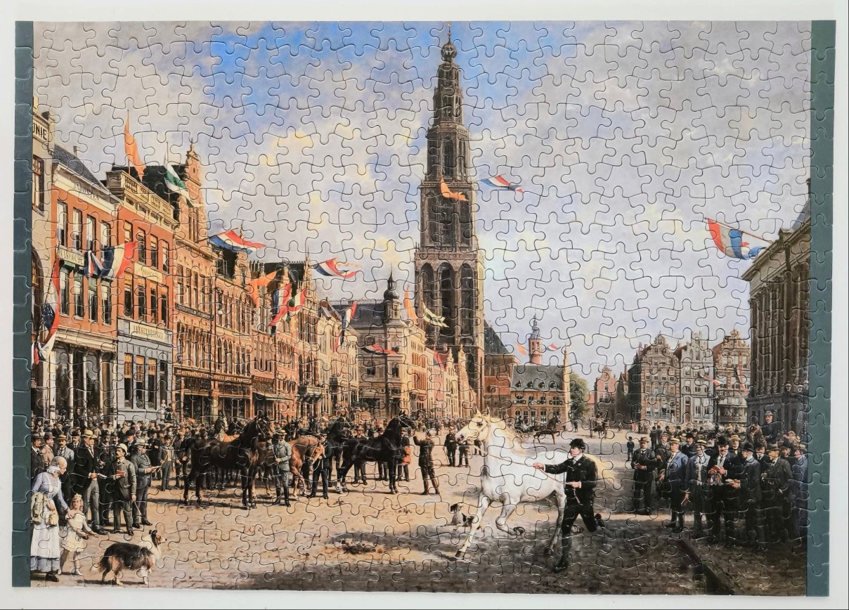 A 19th-century oil painting depicting a bustling Dutch town square with a tall church tower and horse exhibition.