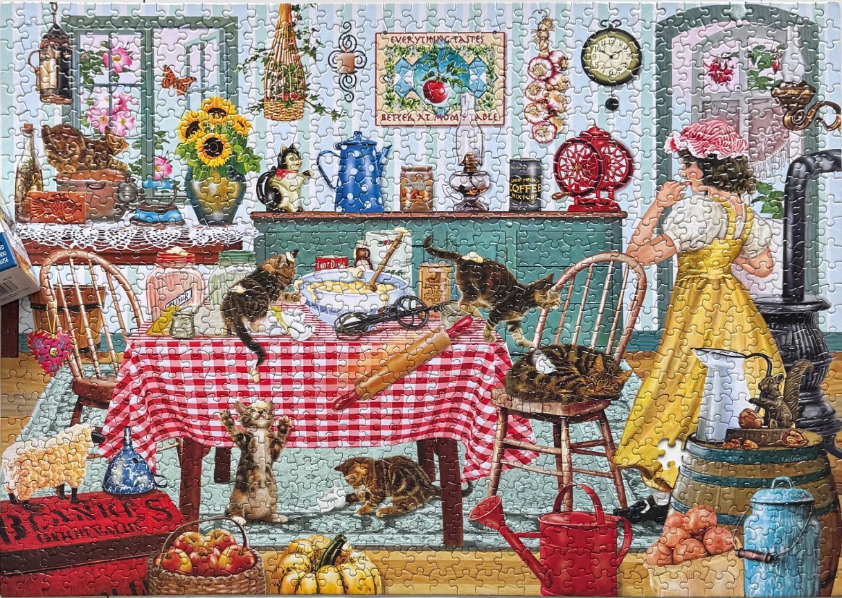 A cozy country kitchen scene featuring a young woman in a yellow dress surrounded by playful kittens.