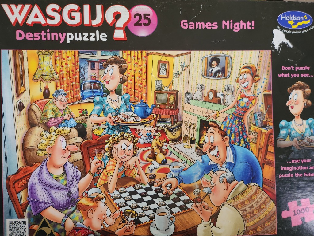 A cartoon illustration of a family playing a checkers game in a retro living room.