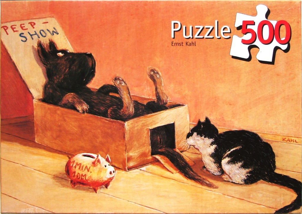 An illustration of a dog inside a cardboard box labeled Peep-Show, watching a cat outside.