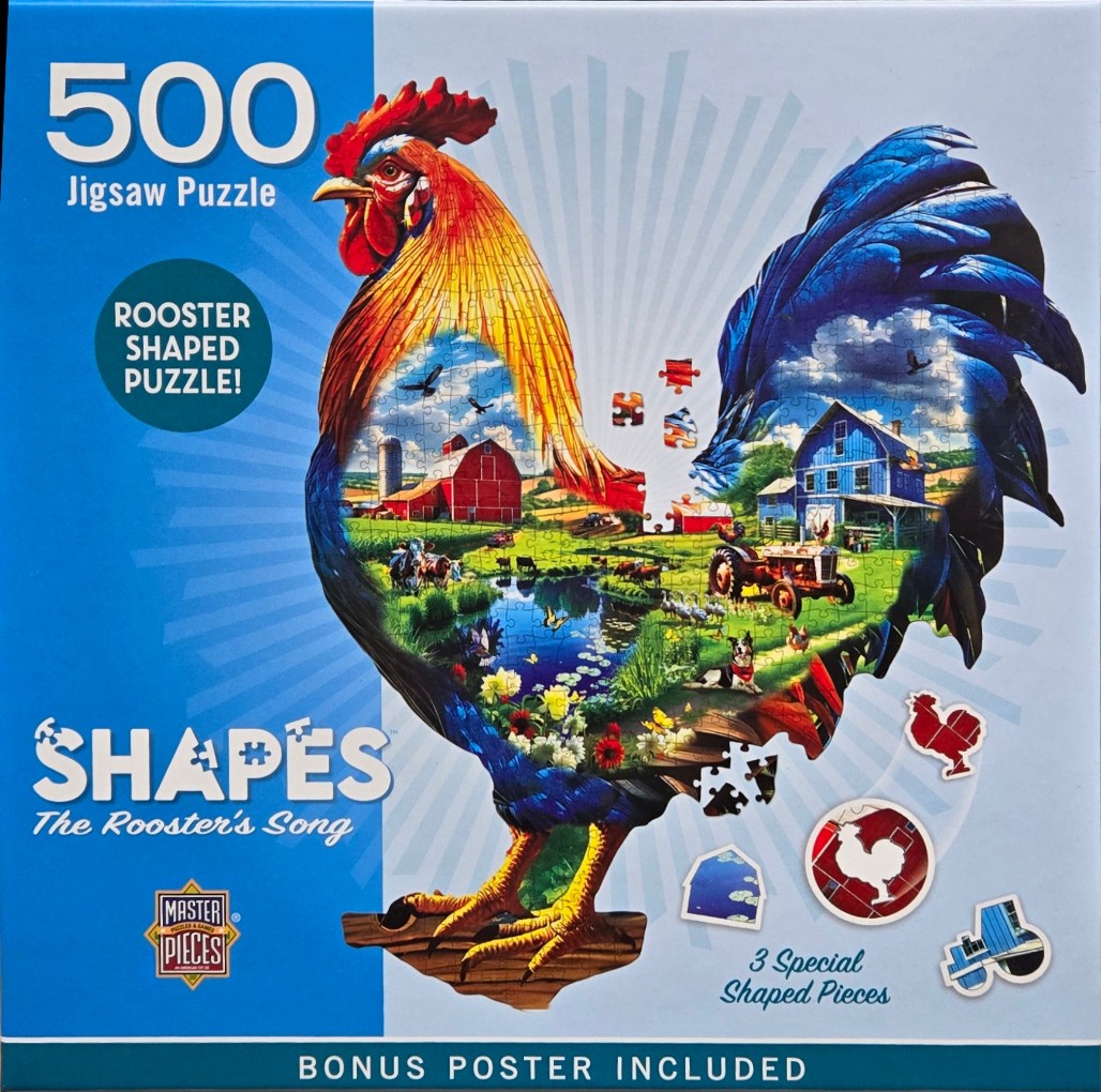 A silhouette of a rooster filled with a colorful country farm scene, including barns, a tractor, animals, and flowers.