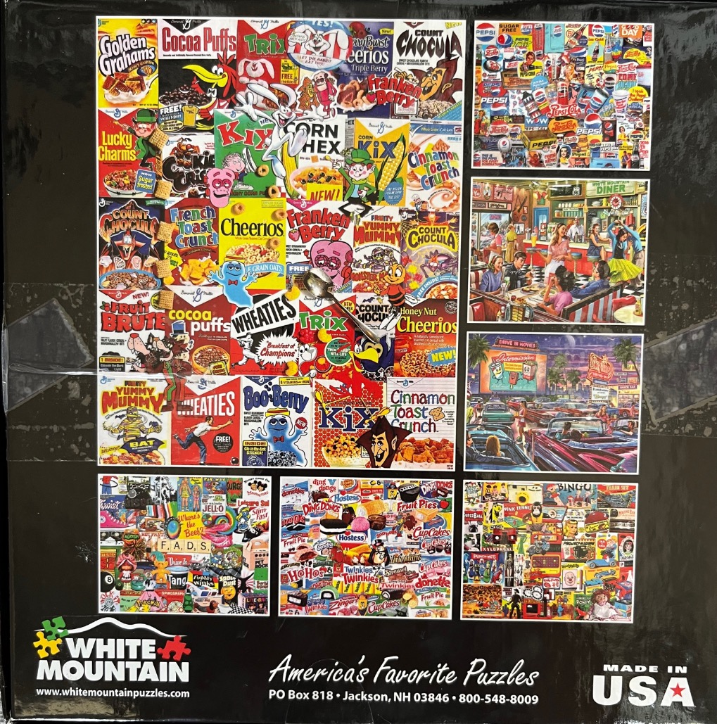 Collage of vintage cereal boxes and 1950s themed nostalgic scenes
