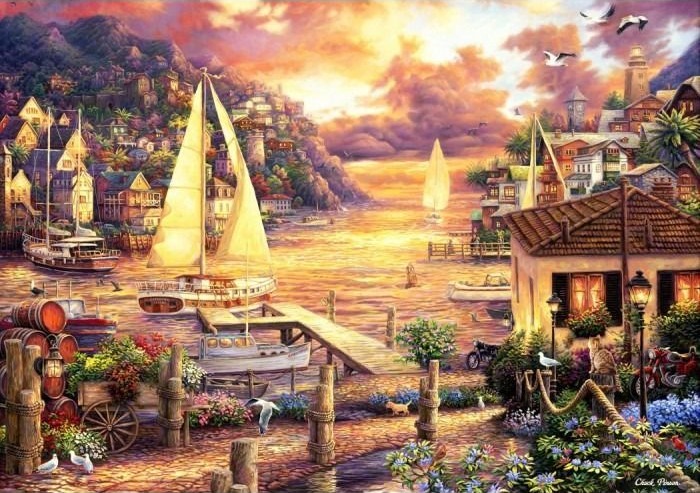 A peaceful Mediterranean harbor at sunset with sailboats, hillside homes, and a cobbled quay.
