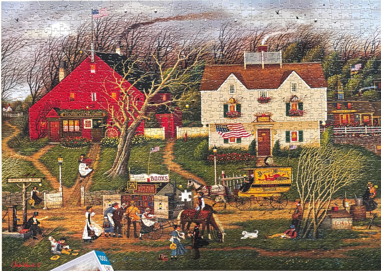 An illustration of a charming 19th-century village scene with a red building, a cream house, and horse-drawn carriages.