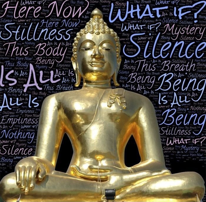 A golden Buddha statue in a meditative pose set against a black background with repeated philosophical words.